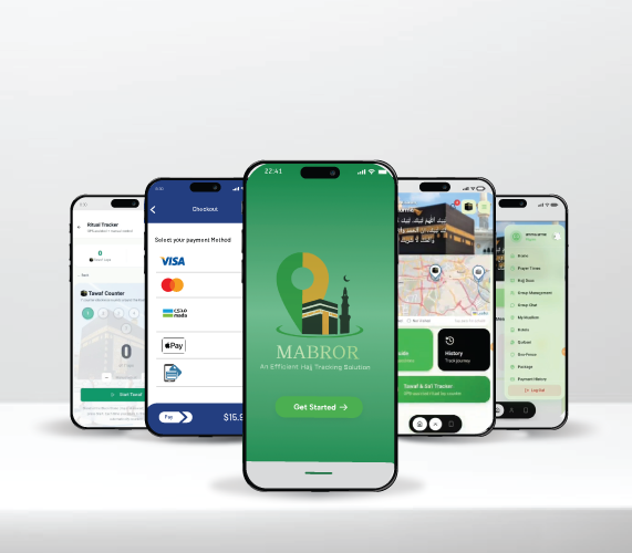 MABROR Hajj Management mobile application shown across five smartphones