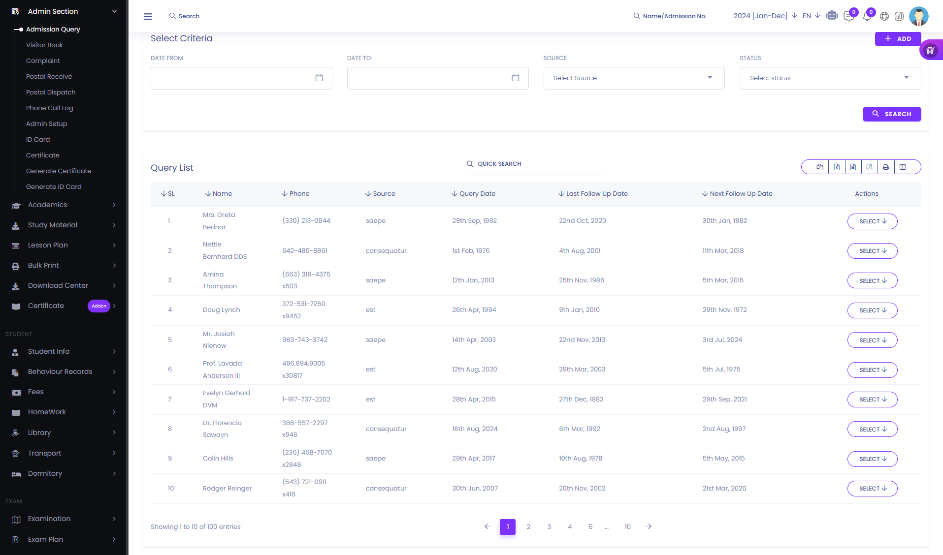 School Management System administration dashboard